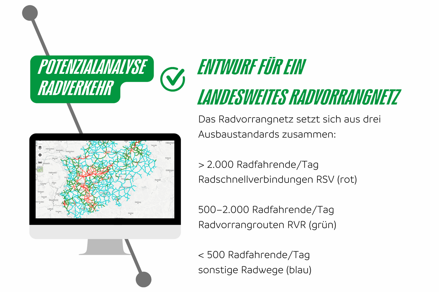 2024_Definition_Radvorrangnetz_3 Dem Entwurf des landesweiten Radvorrangnetzes ist eine Potenzialanalyse Radverkehr vorausgegangen. Das Radvorrangnetz wird sich aus drei Ausbaustandards zusammensetzen.