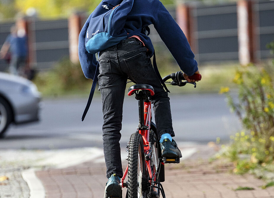 Junge von hinten auf dem Radweg Junge von hinten auf dem Radweg